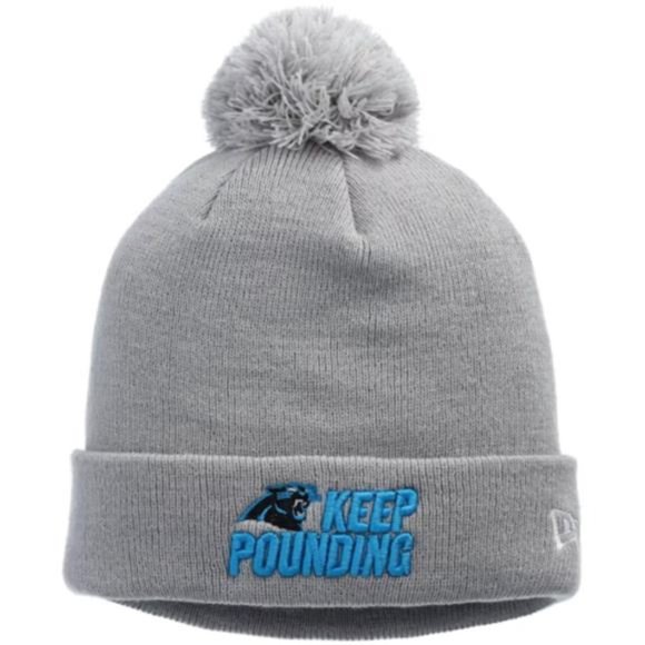 New NFL Carolina Panthers New Era Keep Pounding Cuffed Knit Hat with Pom Gray - Picture 5 of 8